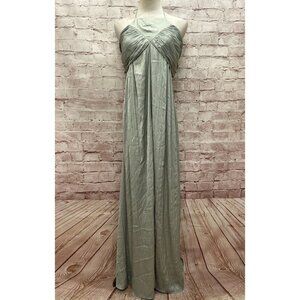 Anthropologie Womens 2X Maxi Dress Sage Green Tie-Back Halter Satin Side Slits